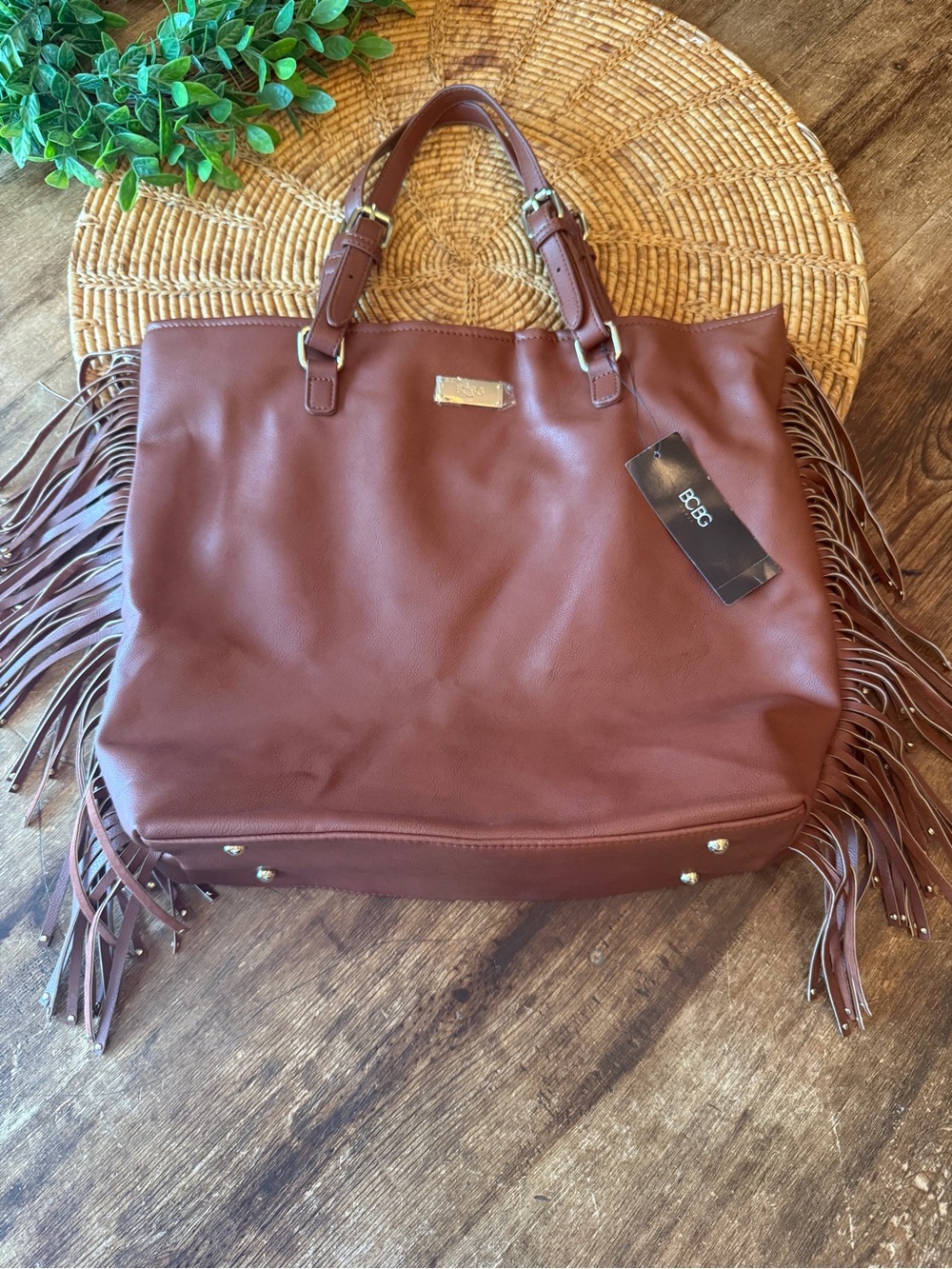 New BCBG “Mocha” Chocolate Brown Fringe Latge Tote
